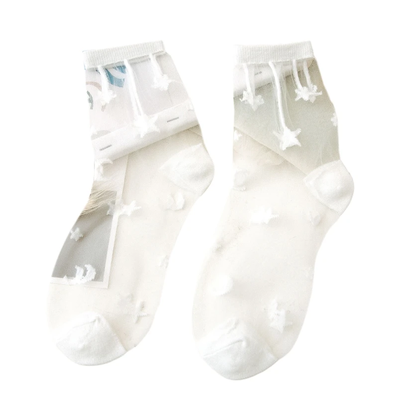 

Women Ultra-Thin Crystal Fiber Crew Socks Harajuku Anime Lolita Sweet Star Moon Patterned Transparent Silky Mesh Hosiery