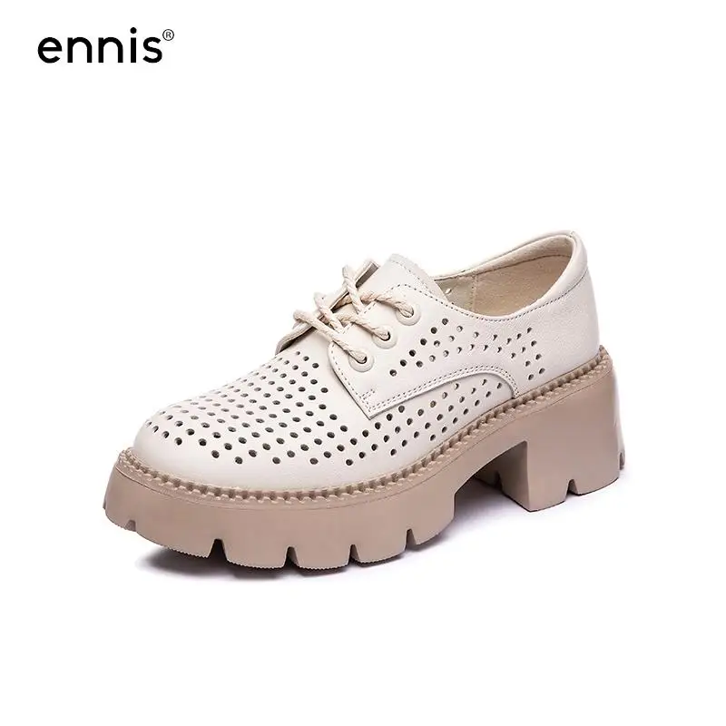 

ENNIS Oxfords Women's Genuine Leather Martin Boots Hollow Lace Casual Shoes Summer Brand Designer Square Heel Shoes Female E260