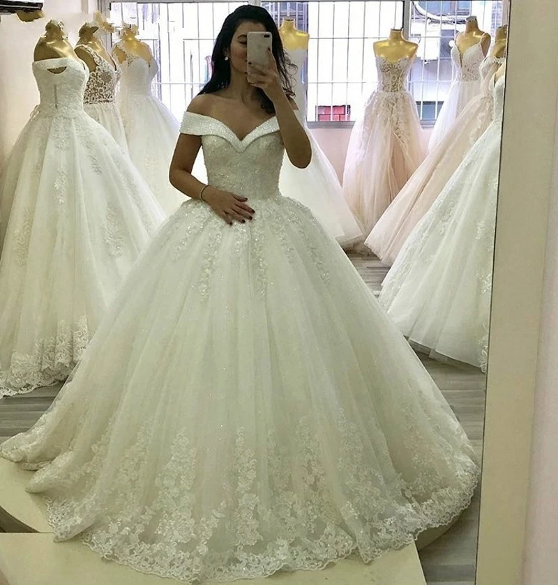 

Angelsbridep Off-Shoulder Tulle Ball Gown Wedding Dresses Robe De Mariee Crystal Applique Collar Court Train Formal Gown Corset