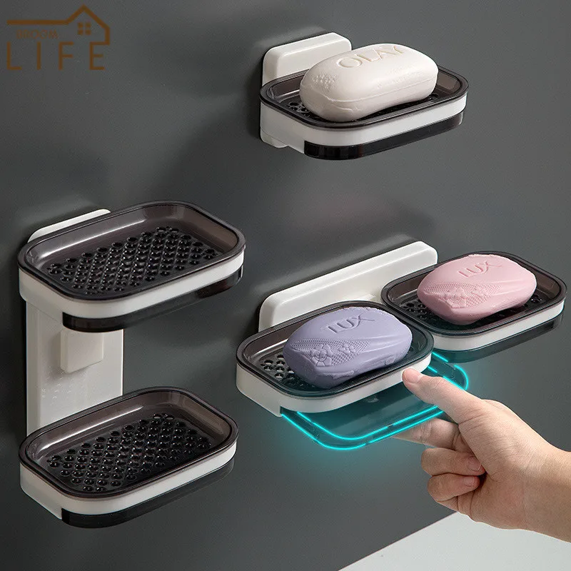 

Bathroom Wall Mounted Double Layer Soap Dish Punch-Free Drawer Drain Box Kitchen Sponge Storage Holder Toilet Organizer Supplies