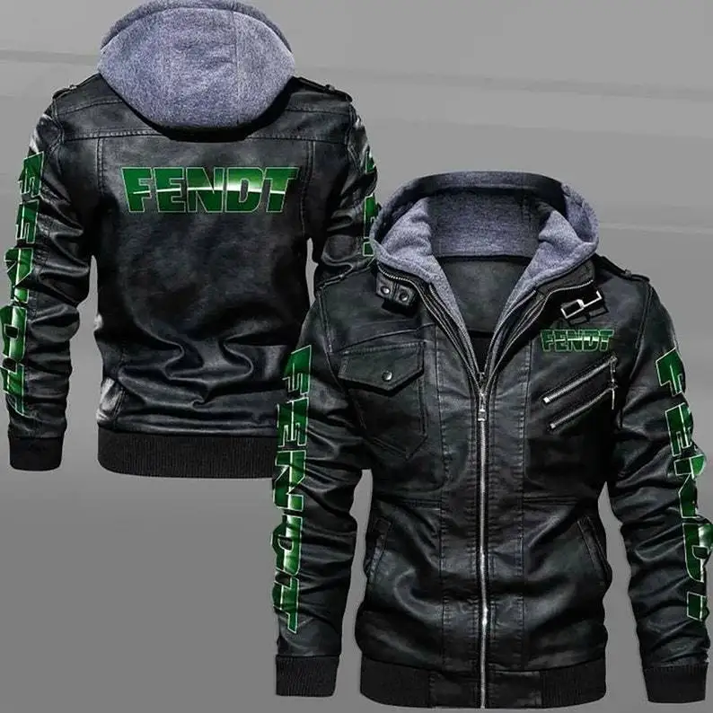 2023 New Winter Eurosize Men's Leather Fendt Logo Long Sleeve Zipper Hooded Jacket Fleece-lined Fashion Keep Warm Coat