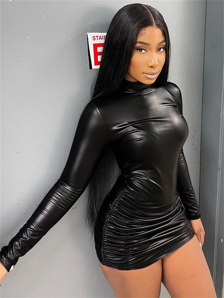 

WJFZQM 2022 Winter Women Elegant Birthday Party Clothes Pu Leather O Neck Long Sleeve Black Ruched Sexy Bodycon Mini Prom Dress