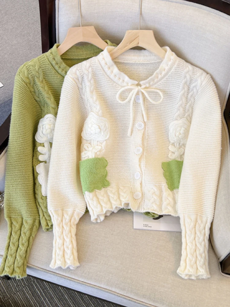 

YuooMuoo Women Cardigans Chic Y2K O-neck Flowers Kintwear Sweater Tops