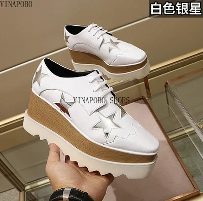 vinapobo New Genuine Leather Stars Shoes Bottom Platform Square Head Women Casual Breathable Waterproof Wedges Sneakers