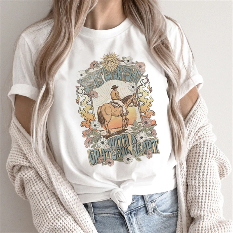 Женская свободная футболка Harajuku, белая Повседневная футболка с коротким рукавом и принтом в виде букв и лошадей, для рождественского подарка Женская свободная футболка Harajuku, белая Повседневная футболка с коротким рукавом и принтом в виде букв и лошадей, для рождественского подарка