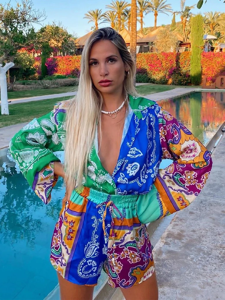 

Print Green Shorts Set Women Vintage Beach Boho Oversized Pant Sets Suits Wide Leg Two Pieces Matching Set Female Clothing