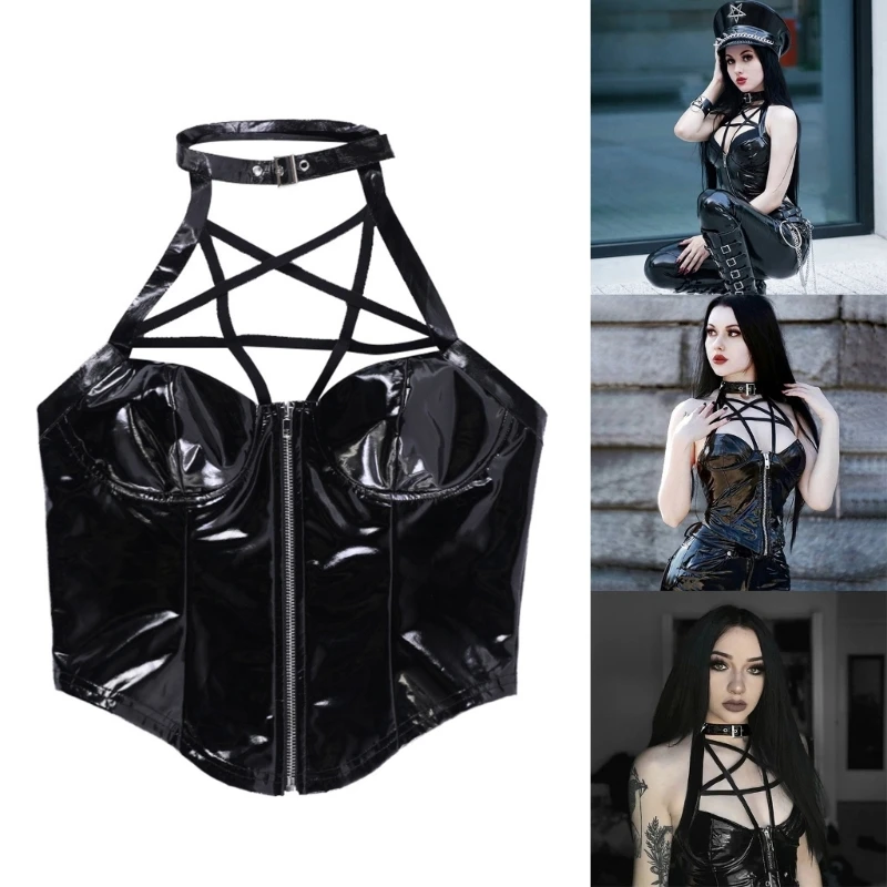 

Womens PU Leathers Halter Neck Crop Top Summer Sleeveless Backless Y2k Tanks Top Zipper Crop Tops Camisole
