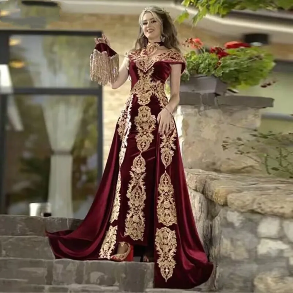 

2022 Evening Dress with Detachable Skirt Appliques Caftan Marocain Robe De Reveillon Velvet Women Prom Party Gowns Custom