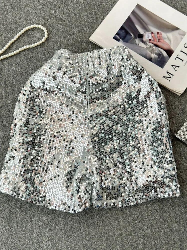 Блестящие сексуальные женские блестящие шорты с завышенной талией и круглым