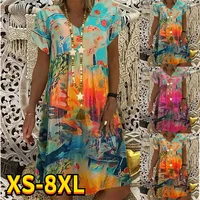 2022 summer womens beautiful printed painting dresses v neck absract printed dress loosen casual knee length plus size new tops