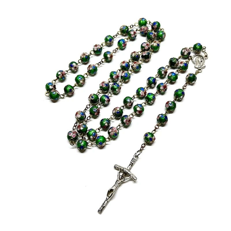 

W3JA Religious Pray Necklace Chain with Pendant Rosary Beads Cloisonne-copper