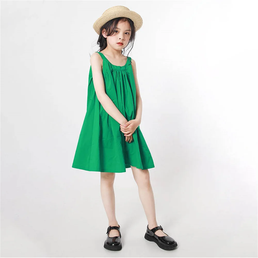 

Kids Dresses for Baby Toddler Girls Summer Cotton Solid Green Pleated Party Dress Princess Children Sleeveless Fashion Clothes