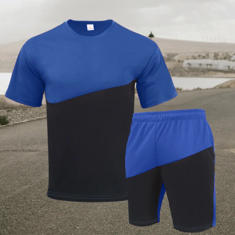 

2022 Summer Men's Patchwork Casual 2 Piece Fashion O Neck Short Sleeve T Shirt and Drawstring Sports Running Shorts Colorful Set