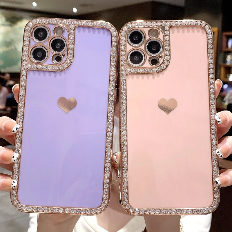 

Luxury Love Heart Bling Rhinestone Phone Case For iPhone 12 11 13 Pro Max X XR XS Max 7 8 Plus SE 2020 Bumper Back Cover