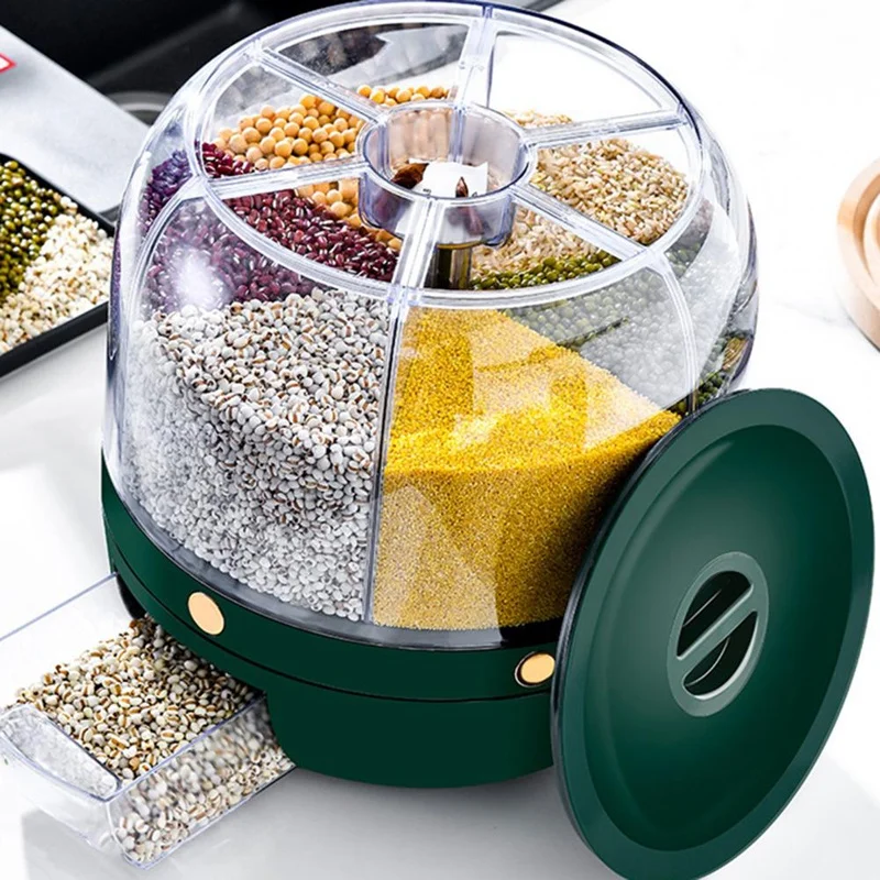 

360° Rotating Rice Dispenser Storage Bottles Food Dispenser 6 In 1 6-Grid Rotatable Cereal Grain Box Kitchen Millet Container