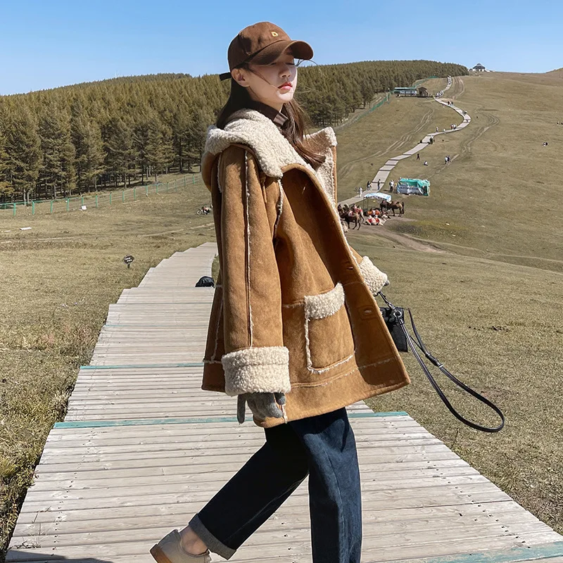 Vintage lamb wool coat women's autumn and winter cashmere thickened cotton coat