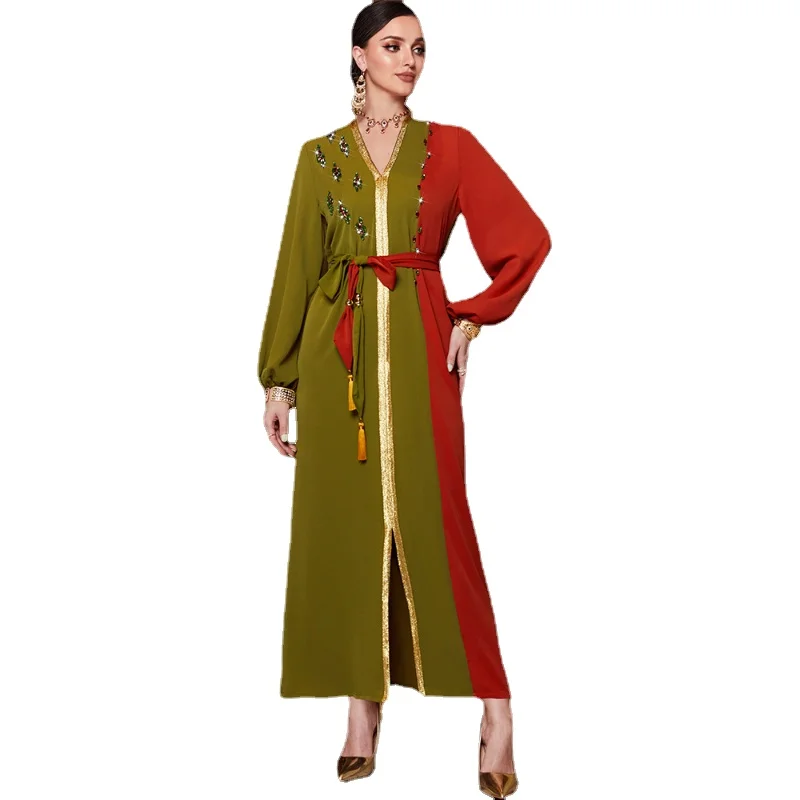 Military Green Orange Red Color Block Fashion Muslim Moroccan Kaftan Dubai Dress Rhinestone Tassel Tape Trim Lantern Sleeve Eid