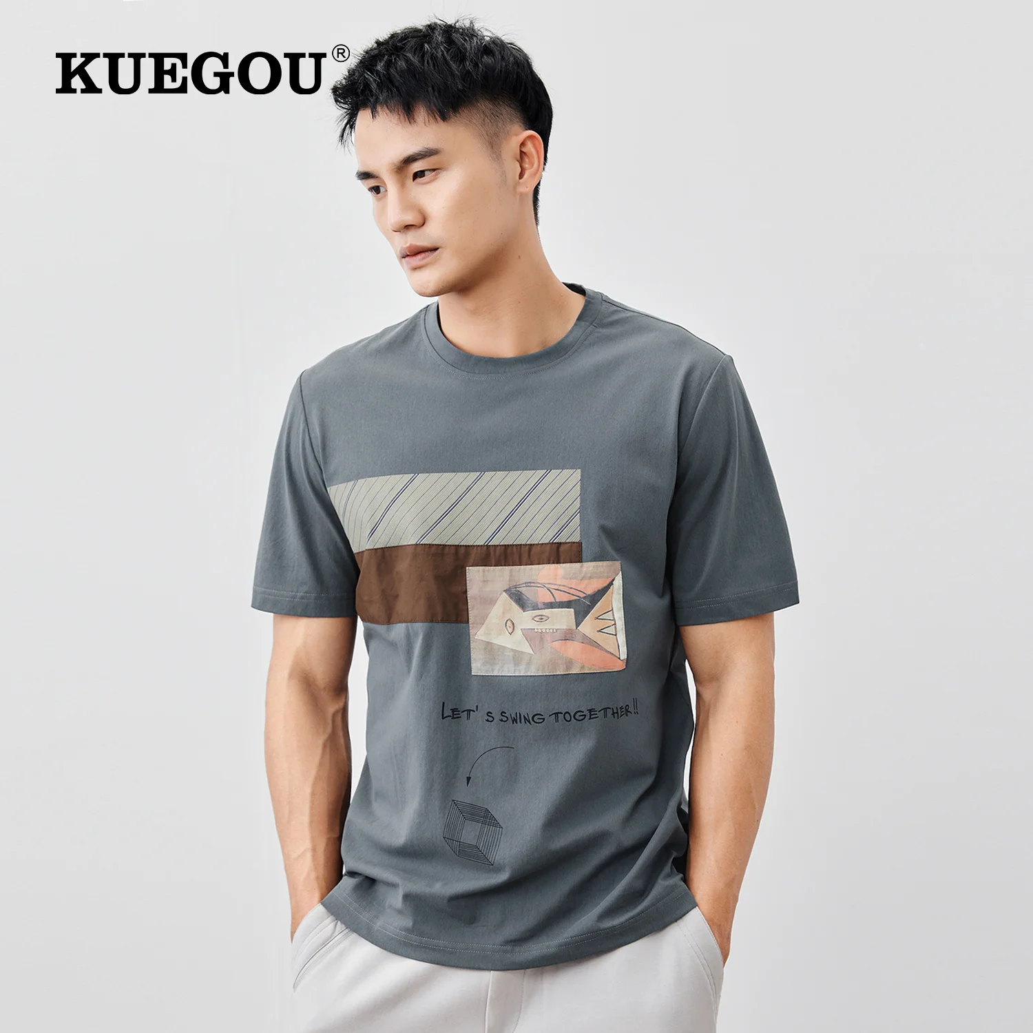 

KUEGOU хлопковая Футболка с графикой для мужчин, Винтажная футболка с короткими рукавами, топ для мужчин, корейский 2022, летняя футболка большог...