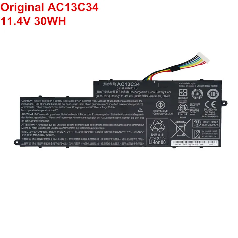 

11.4V 30WH New Original Rechargeable Laptop Battery AC13C34 For Acer Aspire V5-122P E3-111 E3-112 V5-132 V5-132P Notebook 3 Cell