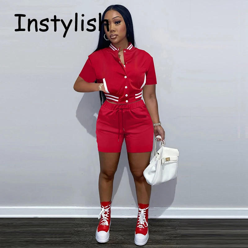 

2022 New Casual Baseball Jacket Two Piece Set Summer Women Tracksuit Short Sleeve Shirt Top Slim Suit Shorts Outfits Streetwear
