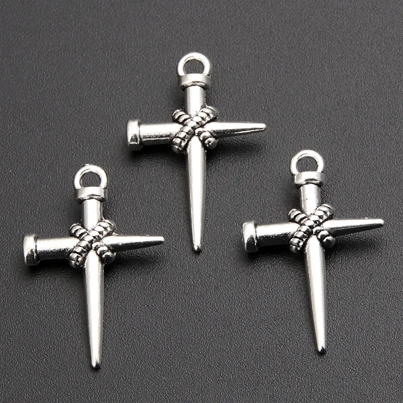 40pcs Silver Color 25x16.5mm Nail Cross Charms Jesus Religion Pendant Fit DIY Handmade Jewelry Making Metal Alloy Accessories - купить по