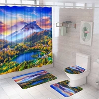 landscape mountain sunset shower curtain sets lake forest country bathroom curtains non slip bath mat pedestal rug toilet covers