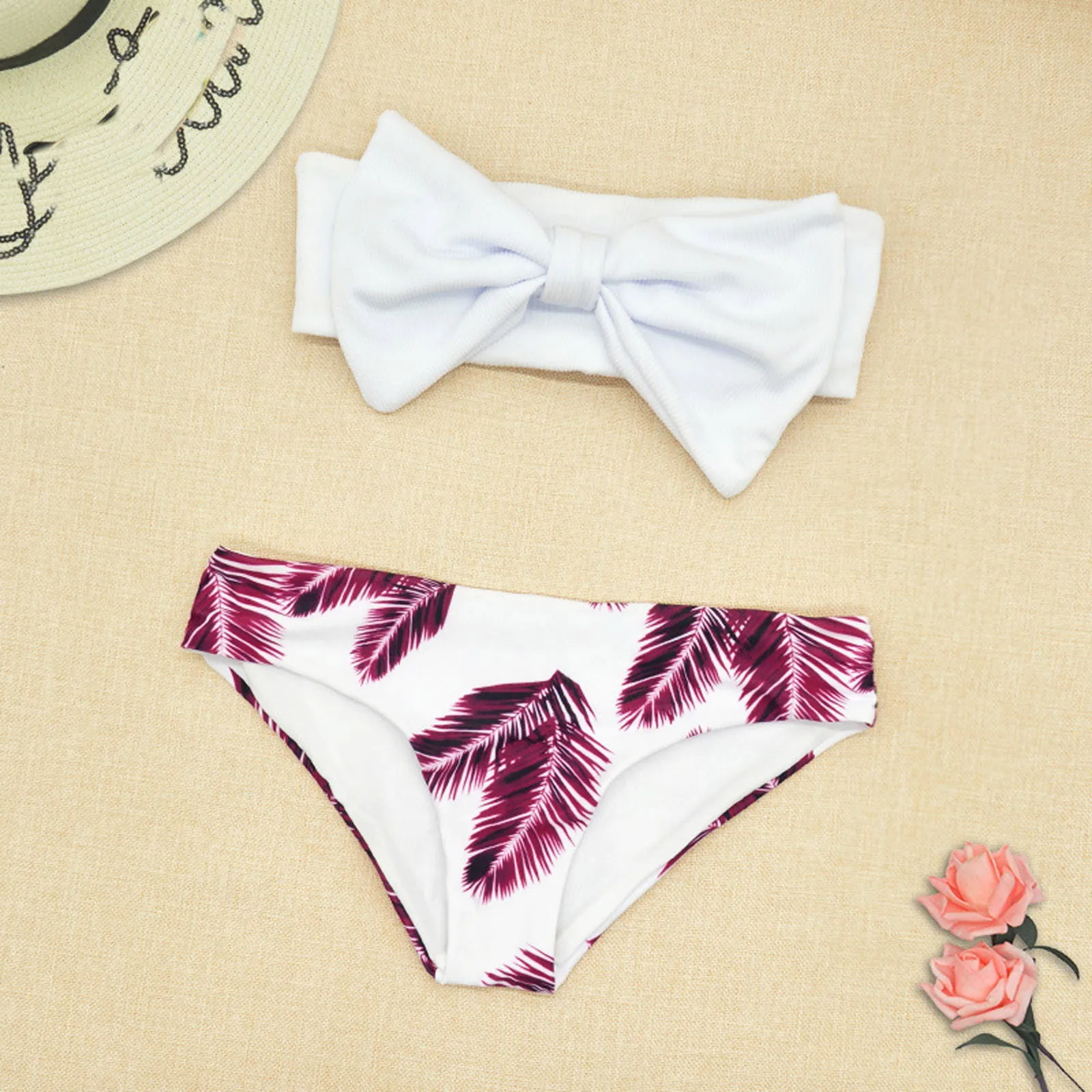 

Split Swimwear Swimsuit Leaf Top Women's Bow Bikini Sexy Print Swimwears Tankinis Set Swimming Suit Women Sport
