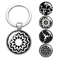 le new black patterns flowers glass cabochon keychain bag car key chain ring holder charms silver color keychains for womens