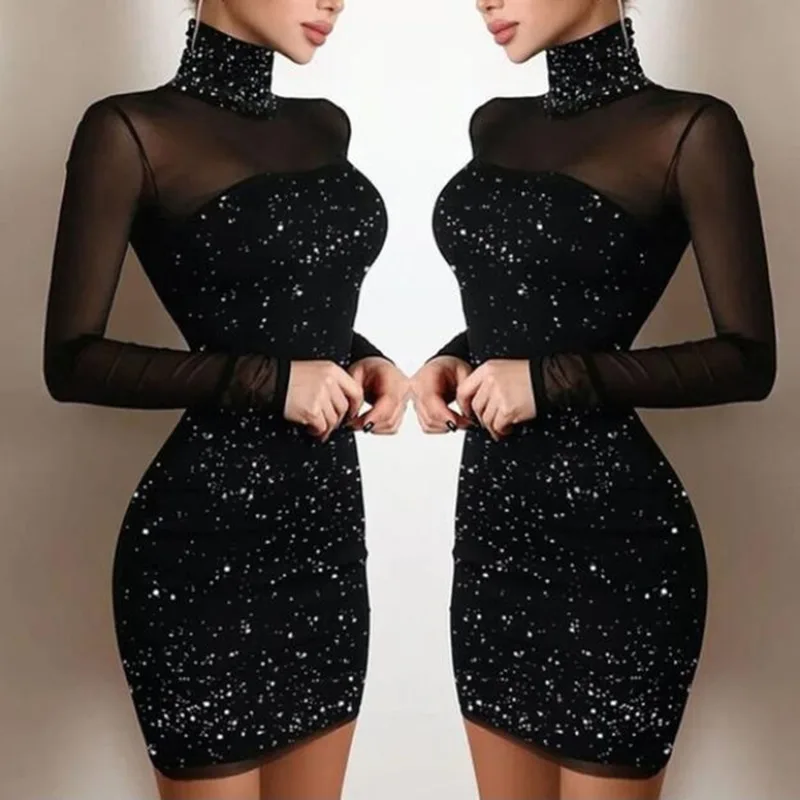 

Women Elegant Bodycon Mini Dress Spring Autumn Long Sleeve Party Dresses Sexy Turtleneck Bright Shiny Dress