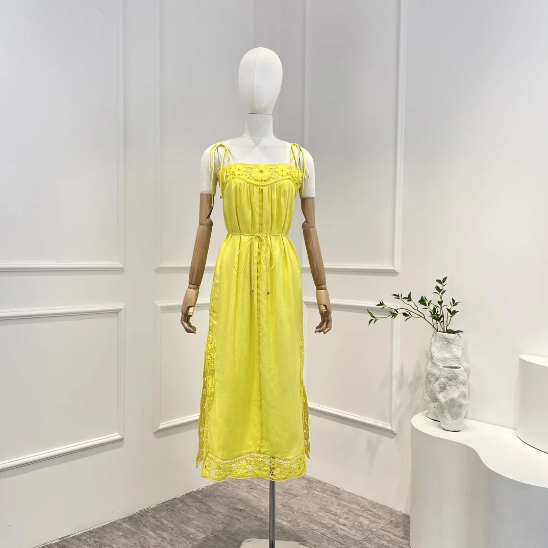 

2023 New Linen Spring Summer Yellow High Quality Vintage Solid Embroidery Sleeveless Hollow Out Woman Midi Dress