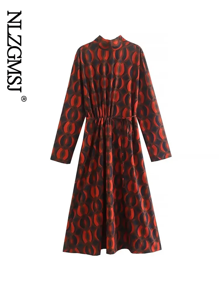 

Nlzgmsj 2022 Fashion Women Print Dress Bow Neck Long Sleeve Office Ladies Midi Dress