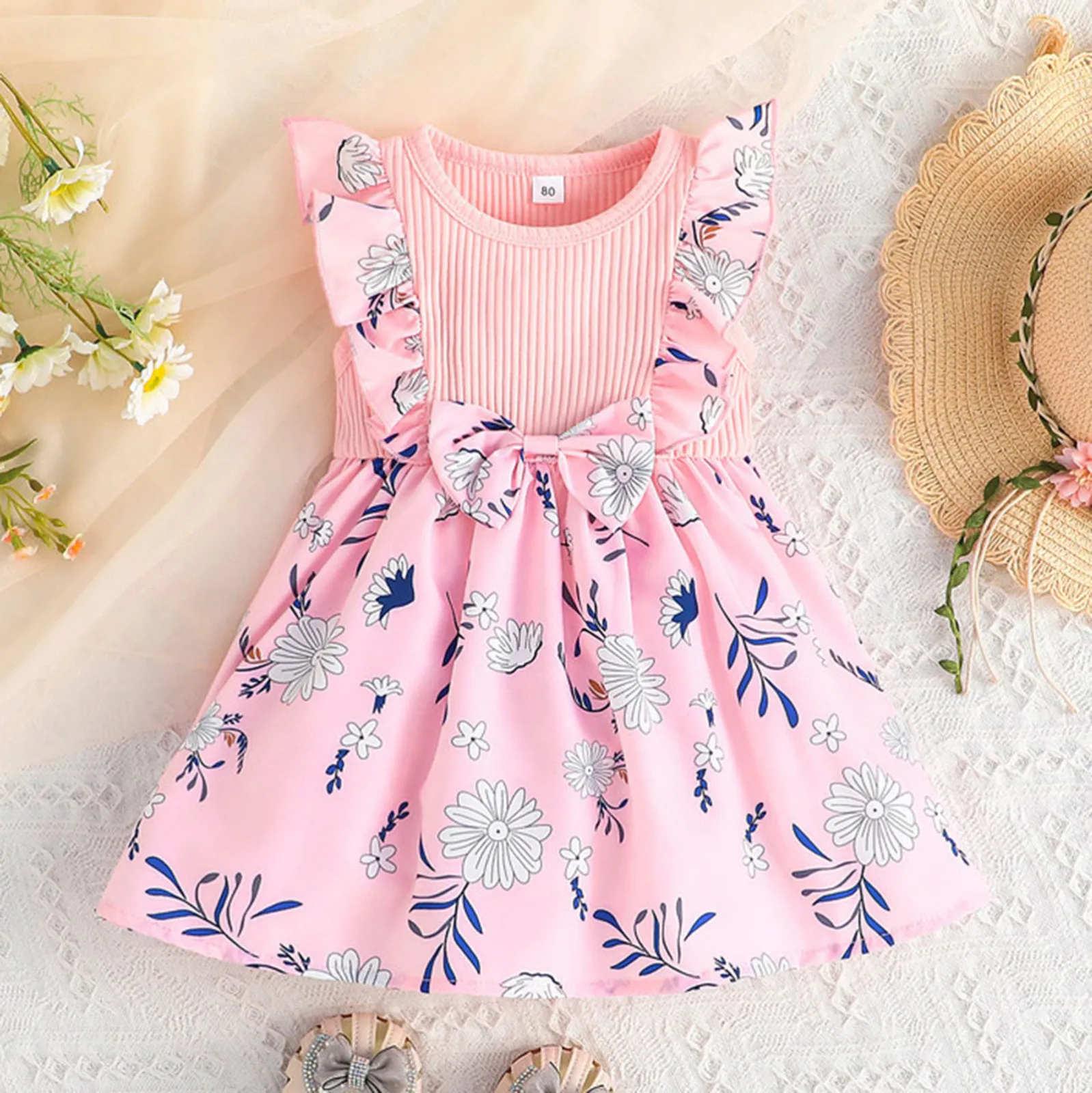 

0-4Y Baby Summer Dresses For Girls Ruffles Sleeveless Patchwork Floral Bowknot Party Dress Princess Kids Toddler Girl Clothing