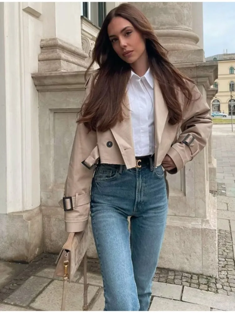 

Women Casual Loose Notched Collar Jackets 2023 Spring Long Sleeve Belted Button Cropped Trench Fashion Ladies Street Outerwear