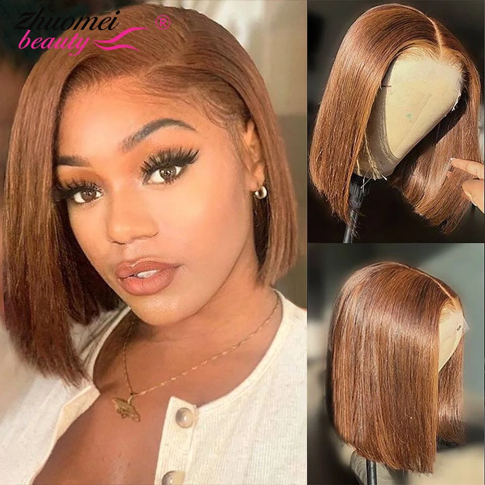Straight Short Bob Wig Chocolate Brown Lace Front Wig 13x4 HD Transparent Bone Straight Lace Front Human Hair Wigs Pre plucked