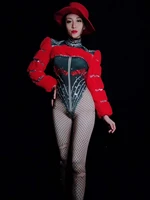 fashion red show sexy women jumpsuits shining rhinestones plaid high neck stage dancing prom costume party club rave outfits