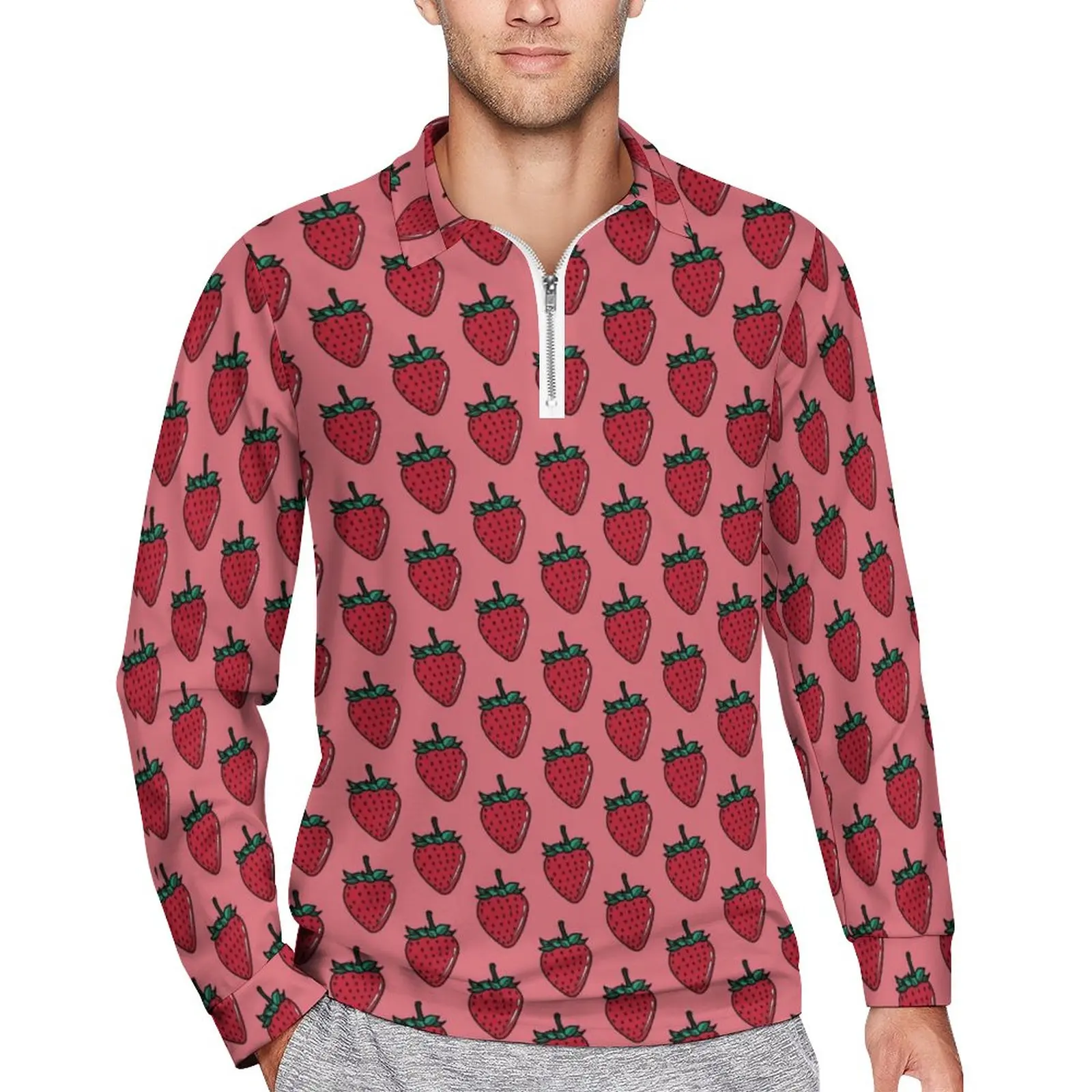 

Футболка-поло мужская с длинным рукавом, Повседневная стильная рубашка с принтом клубники, чая, розы, фрукты, топ на заказ, большие размеры
