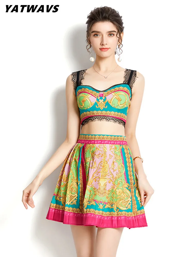 

YATWAVS модный сексуальный женский комплект из двух предметов летний кружевной лоскутный короткий топ без рукавов + мини-юбка с высокой талией