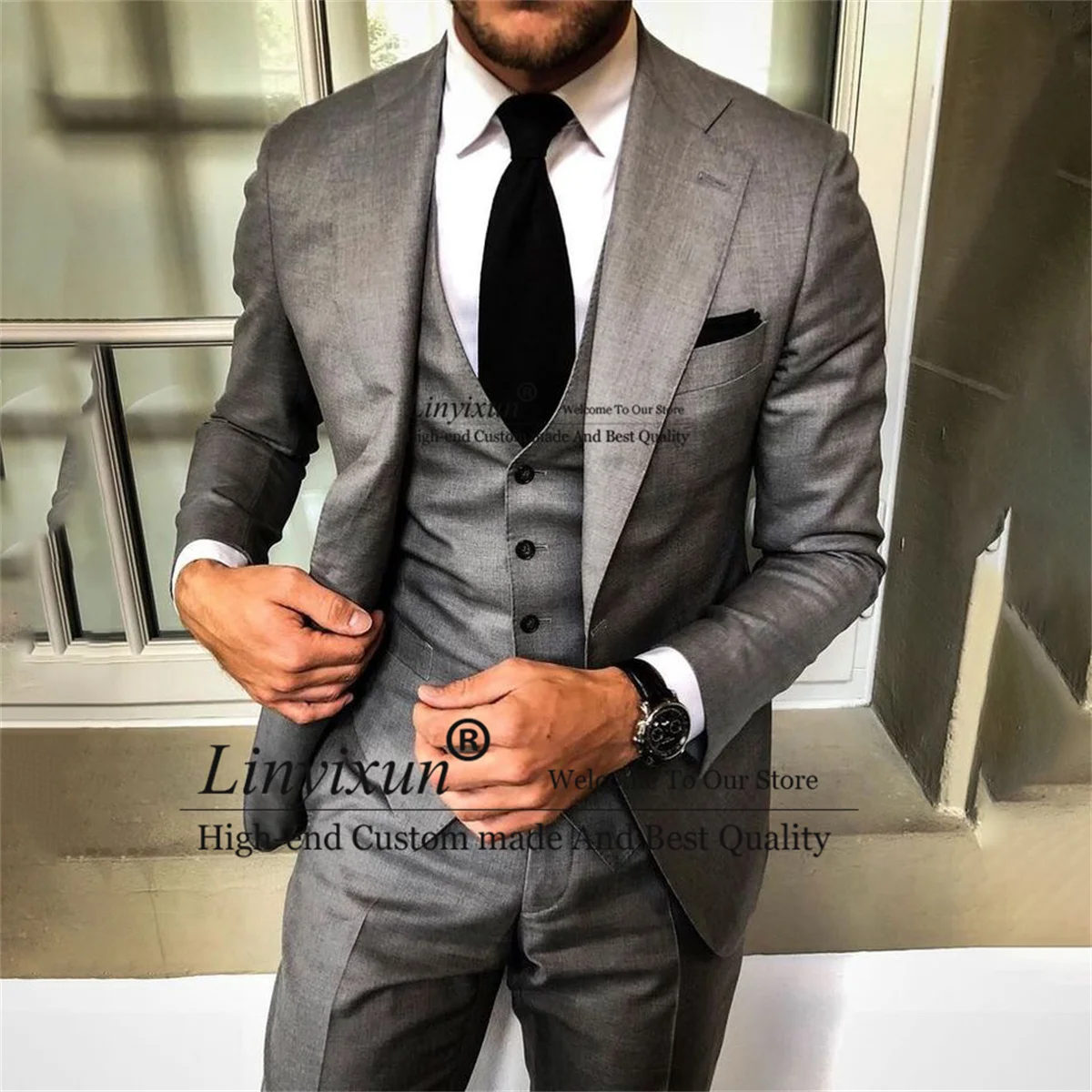 

Деловой серый мужской костюм смокинг для жениха с отложным воротником комплект из 3 предметов деловой мужской блейзер Мужской приталенный Свадебный костюм для выпускного