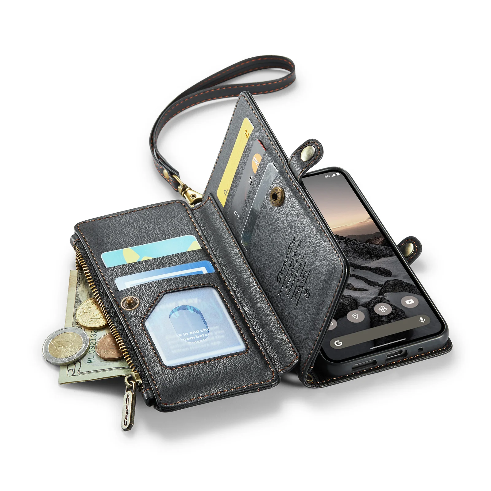 Кожаный чехол-кошелек на молнии с отделением для карт Google Pixel 9 Pro