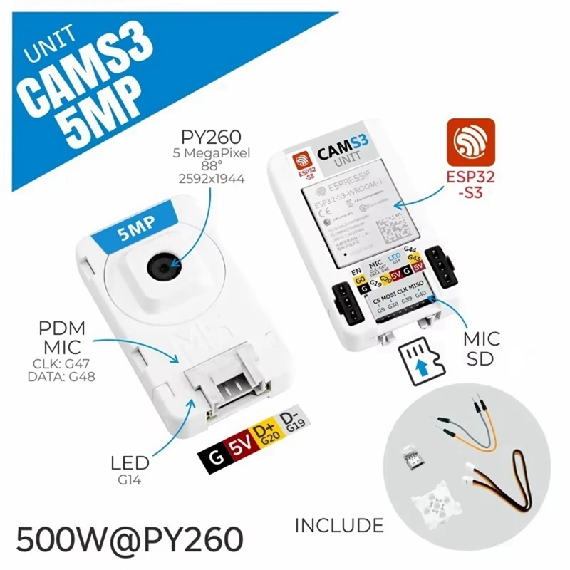 Фото Камера Wi-Fi CamS3 5 МП на базе ESP32S3 (PY260) 88 °   Встроенный микрофон PDM DFOV-ABWO №2