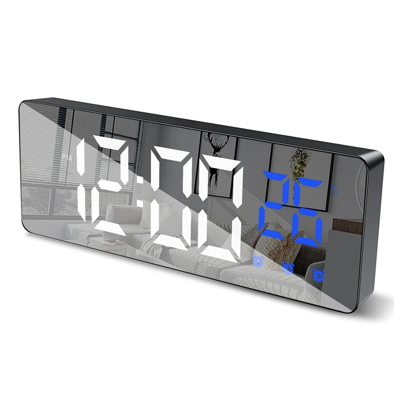 

LED Digital Electronic Simplicity Mirror Clock With Snooze Voice Control Temperature Display Home Desktop Decorations