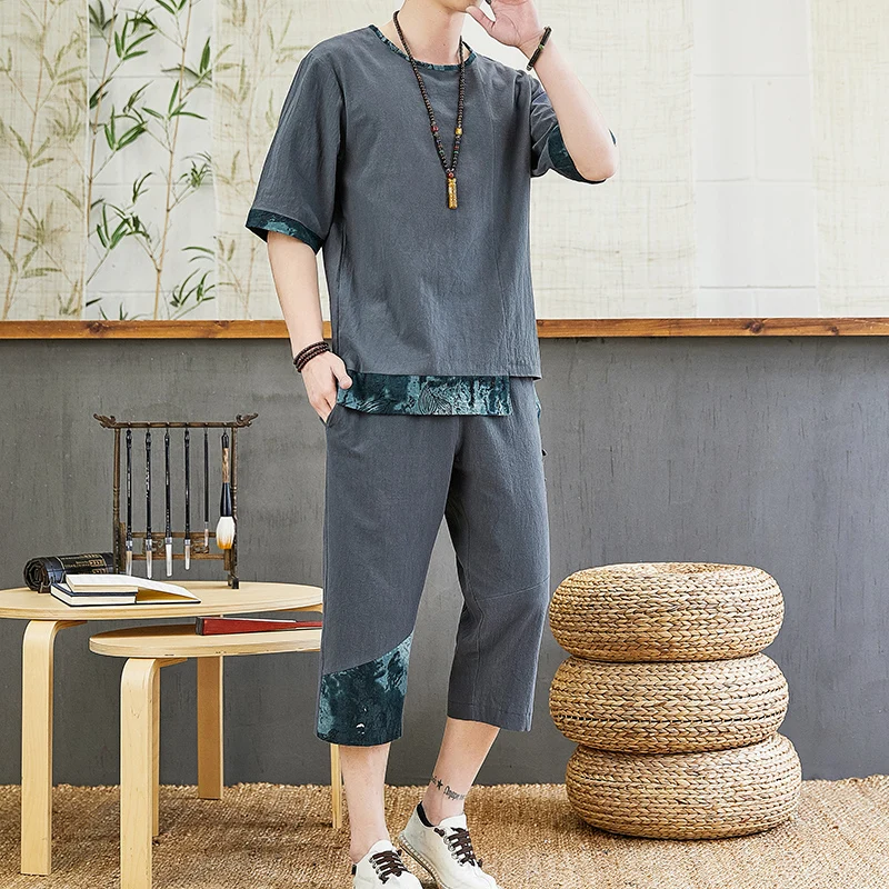 Мужской комплект из футболки с коротким рукавом и брюк хлопка льна - купить по