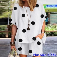 women summer matching sets plus size 5xl o neck half sleeve polka dots printed blouse casual holiday elastic pant tracksuits