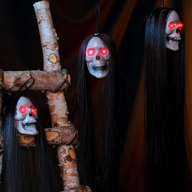 

50 см хэллоуин подвесной Призрак Череп с длинными волосами светящиеся глаза призрак дом скелет ужас реквизит для дома Бар Хэллоуин искусственный Декор