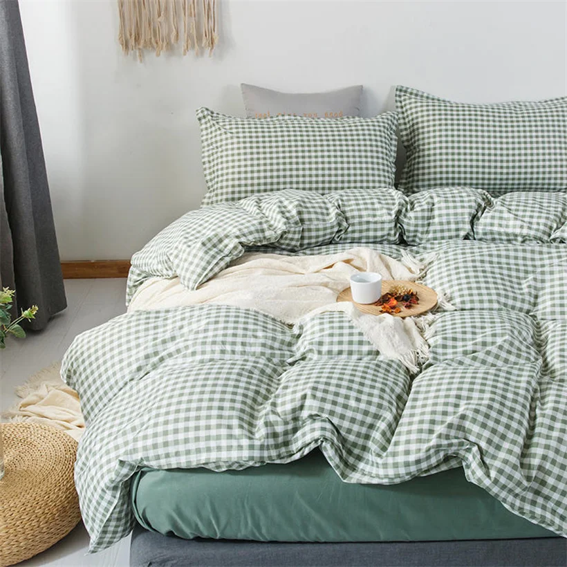 

Green Brown Plaid Duvet Cover 220x240 Pillowcase Bed Sheet 4pcs Fashion ding Set Quilt Four-Pieces Soft Linens