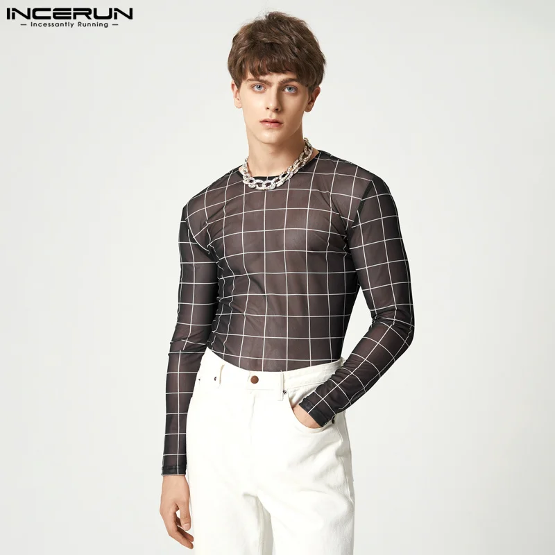 

Fashion Casual Style Tops INCERUN Men Grid Gauze Perspective Elastic Camiseta Fashion Male Round Neck Long Sleeve T-ShirtsS-5XL