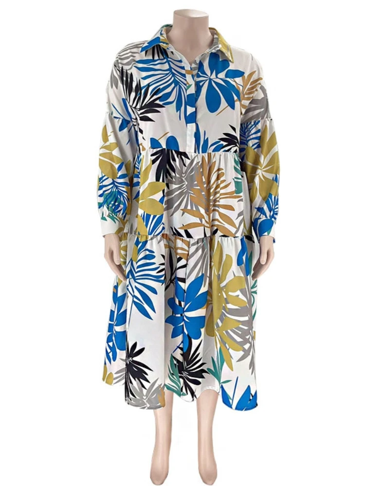 Plus Size Women Shirt Dress 2023 Summer Printed Long Sleeve Casual Loose Blouse Maxi Dresses Vestidos Elegant Beach Party Robes