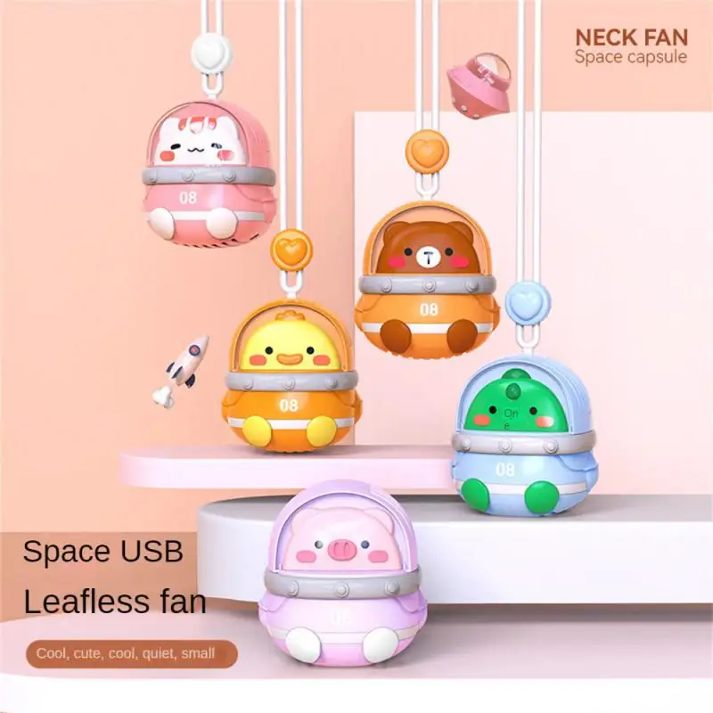 

Portable Hanging Neck Fan Space Capsule Shape Usb Leafless Small Fan Soft Rubber Lanyard Cooling Fans Household Appliances Cute