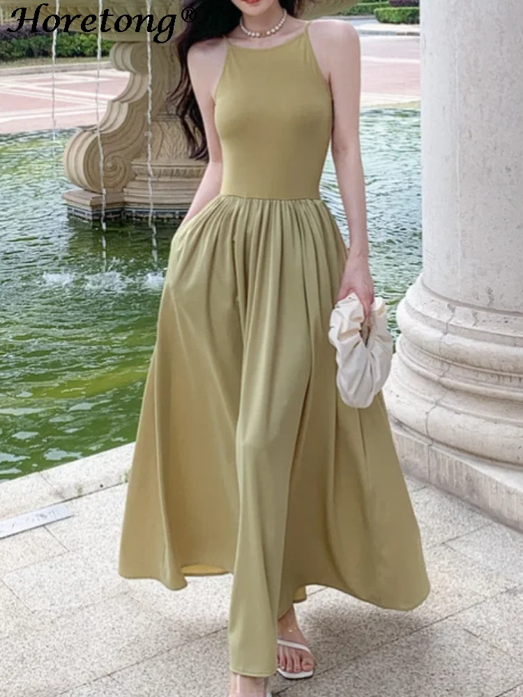 

Женское длинное платье без рукавов, с круглым вырезом и открытыми плечами