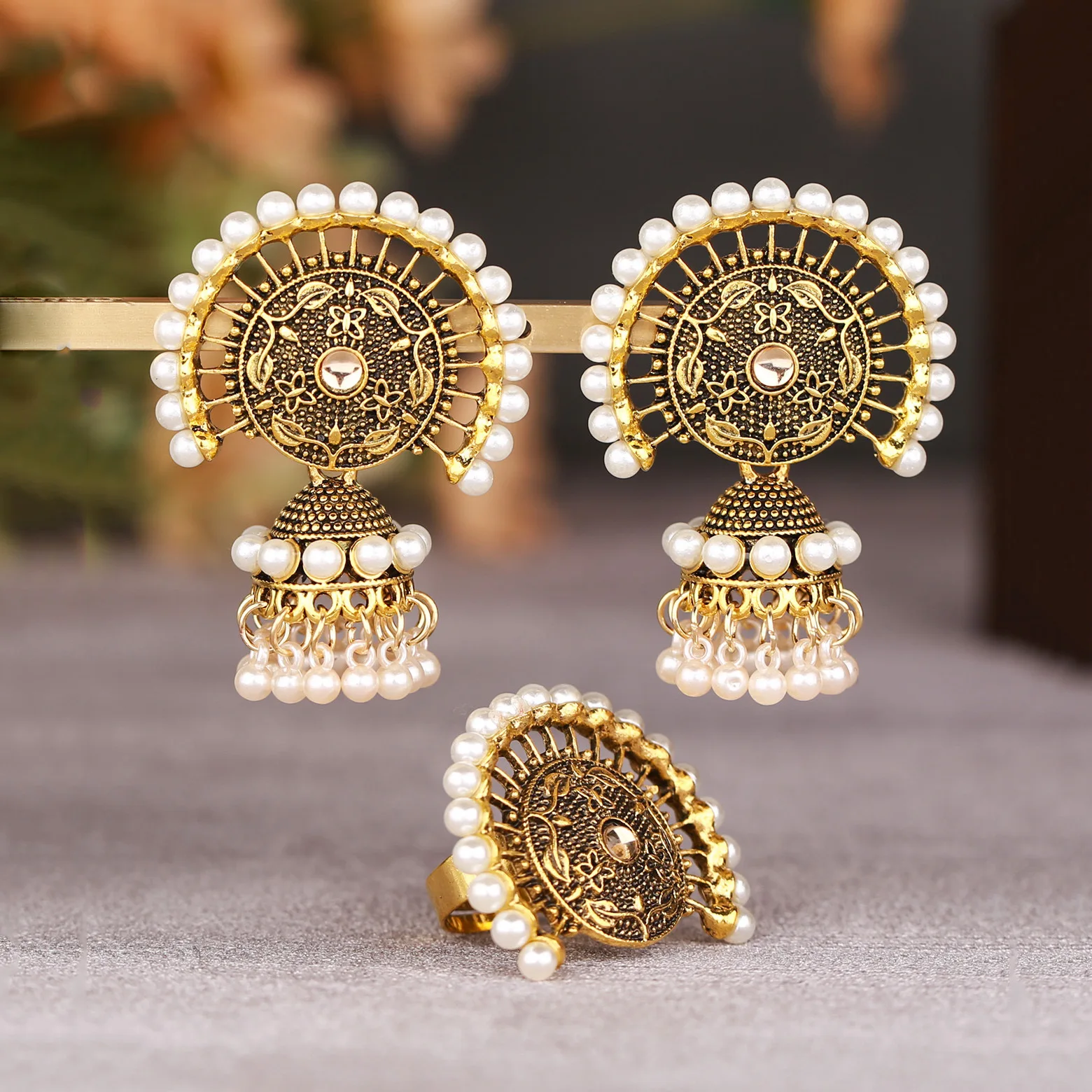 

New 2022 Vintage Bohemian Ethnic Style Earrings Flower Leaves Hollow Bell Earrings Ring Set